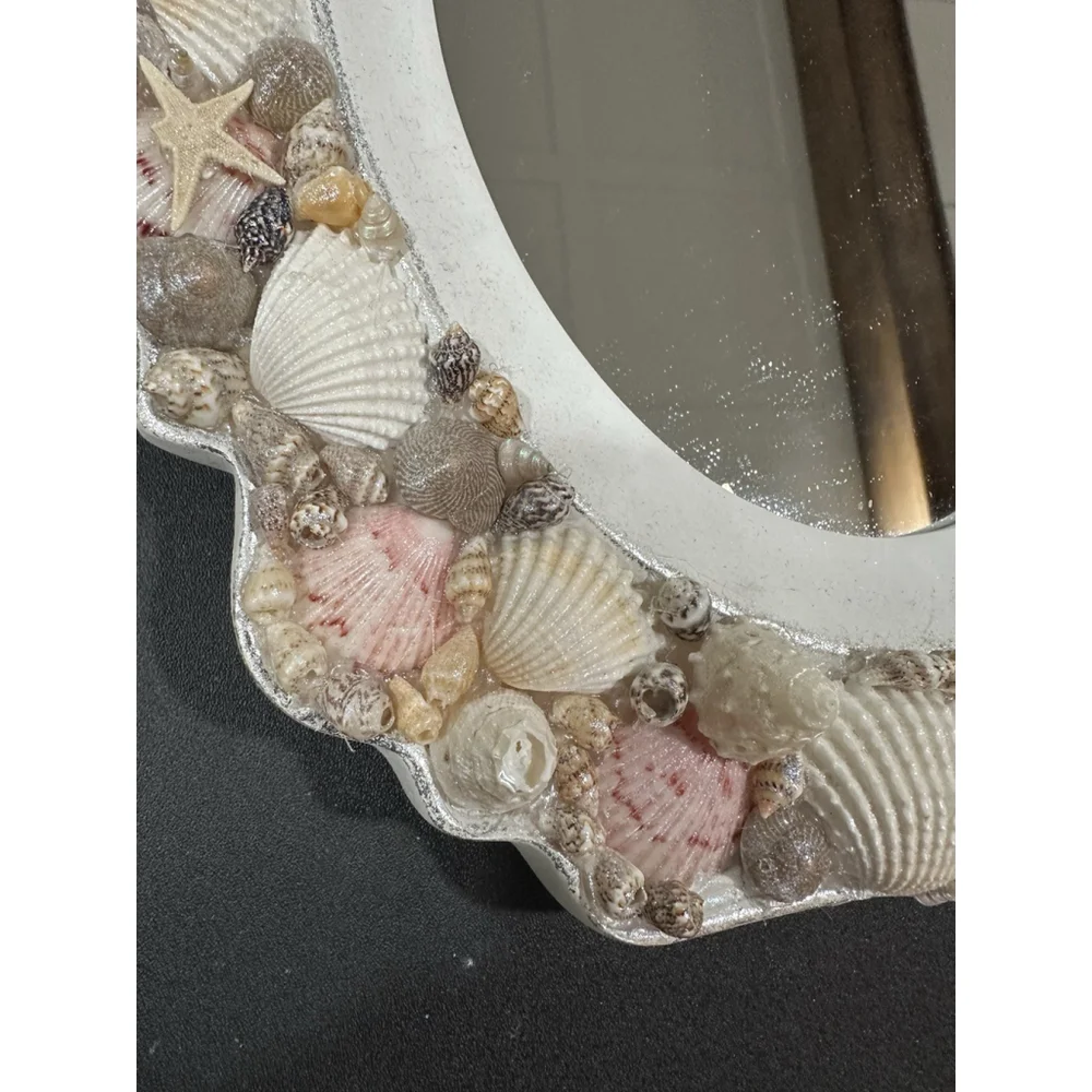 Vtg Mirror Art Ornate Seashell Adorned White Pink Vanity Easel Standing Wall 12”